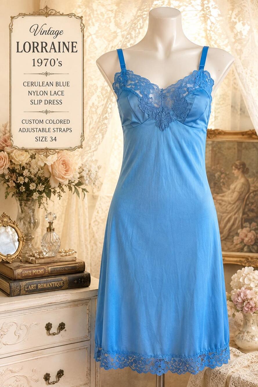 Vintage Lorraine Cerulean Blue 1970’s Nylon Lace Slip Dress Custom Colored Sz 34